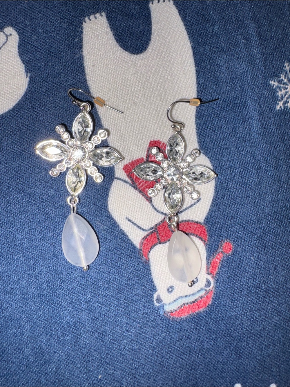 Crystal Flower Drop Earrings with Frosted Teardrop - Silver Tone